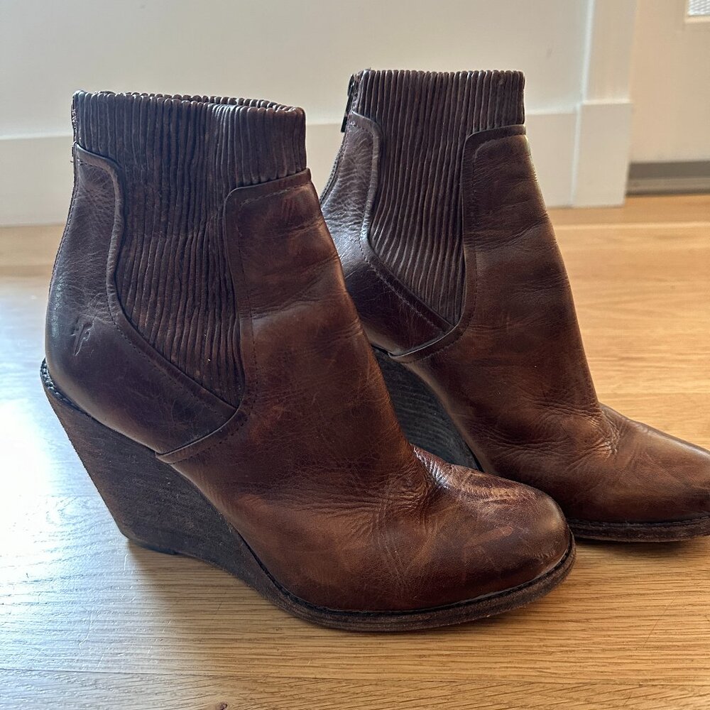 Frye Brown Leather Wedge Ankle Boots
